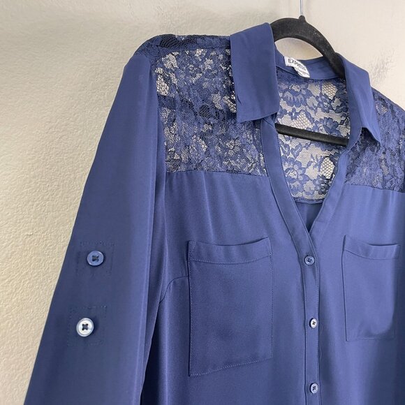 Express Womens Large Lace Panel Button Up Blue Blouse Roll Tab Sleeve Shirt - Picture 6 of 8